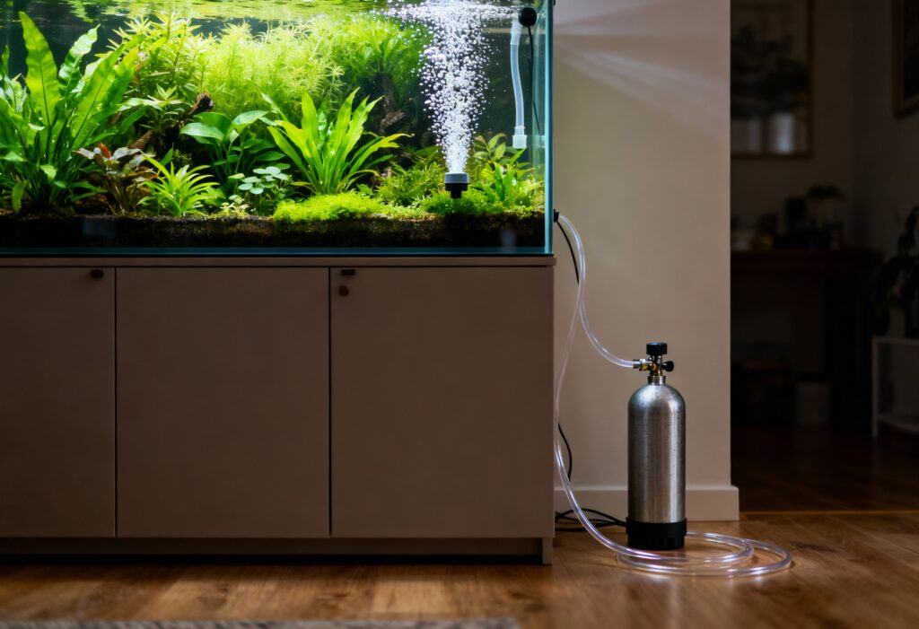 Planted aquarium with a CO2 cylinder and diffuser supporting healthy plant growth
