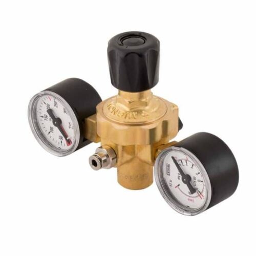 M10 disposable gas regulator with dual pressure gauges