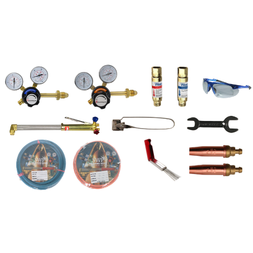 “Oxygen and Propylene Cutting Kit with cutting torch, hoses, and regulators for metal cutting applications.”
